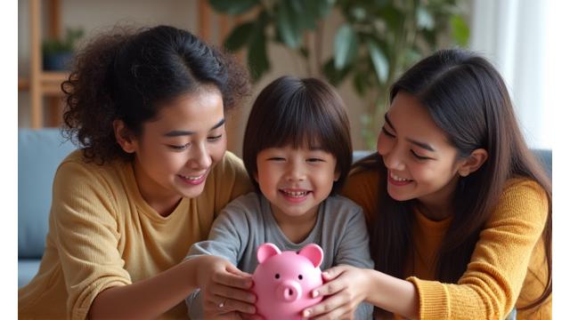 Padres enseñando a sus hijos sobre alcancías y dinero