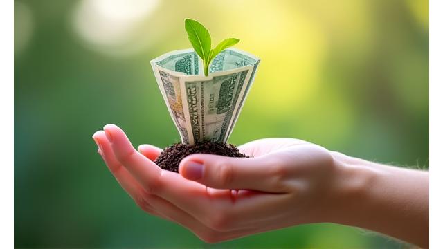 Mano sosteniendo una planta de dinero brotando billetes