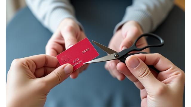 Persona cortando una tarjeta de crédito en dos
