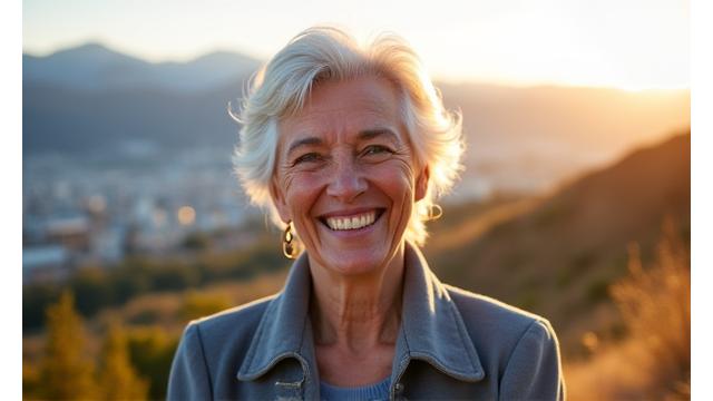 Persona mayor sonriendo con paisaje de Chile de fondo