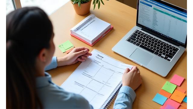 Persona organizando sus finanzas con post-its y un computador